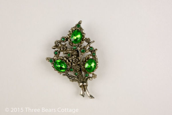 Green Rhinestone Floral Brooch