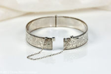 Slender Sterling Silver Bangle with Floral Engraving and Rope Edging