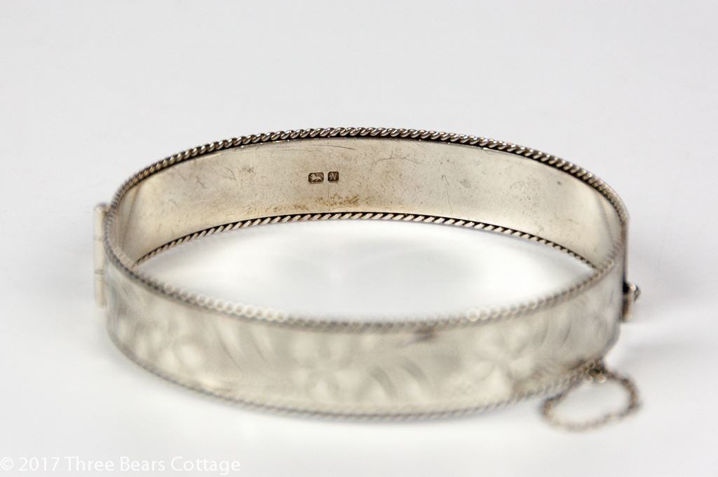 Slender Sterling Silver Bangle with Floral Engraving and Rope