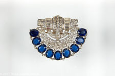 Trifari KTF Art Deco Brooch with Clear and Blue Stones