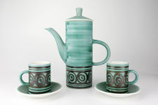 Cinque Ports Green and Brown Coffee Pot with Cups and Saucers
