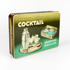 Angled view of Huntley & Palmers Cocktail Biscuits Tin