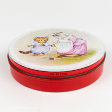 Front side view of Huntley & Palmers Beatrix Potter Tom Kitten Biscuit Tin