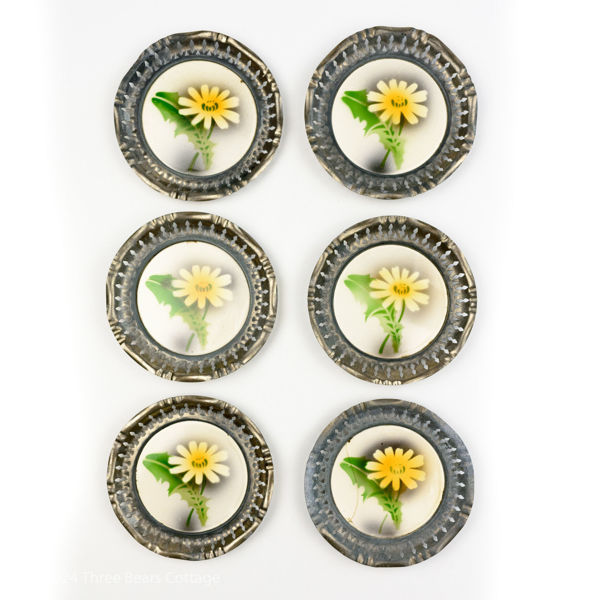 Main view of 1920s Metal & Ceramic Yellow Flower Coasters