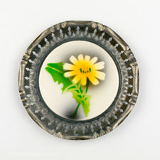 Close up of a single 1920s Metal & Ceramic Yellow Flower Coaster