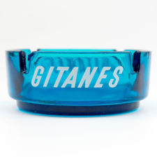 Main view of blue glass Gitanes ashtray