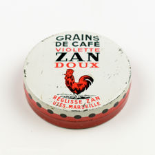 Angled view of a Zan Marseille Red Cockerel Liquorice Tin