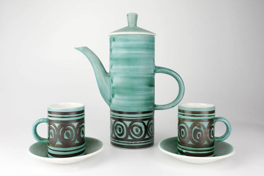 Cinque Ports Green and Brown Coffee Pot with Cups and Saucers