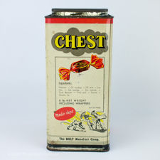 Left side view of a large retail Chest brand cough sweets tin