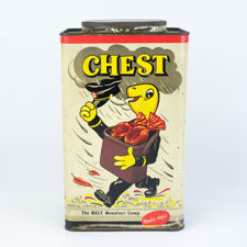 Rear view of a large retail Chest brand cough sweets tin