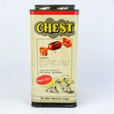 Right side view of a large retail Chest brand cough sweets tin