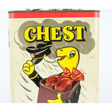 Close up logo view of a large retail Chest brand cough sweets tin