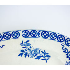 Example faults in the rim transfer on a Société Céramique Rouen Blue & White Serving Dish 